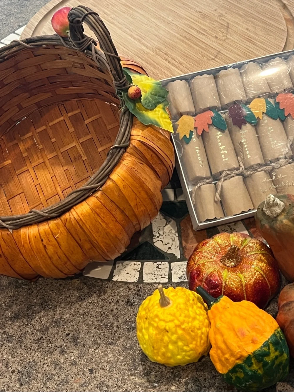 Fall Pumpkin Basket, Thanksgiving Crackers & Faux Gourds